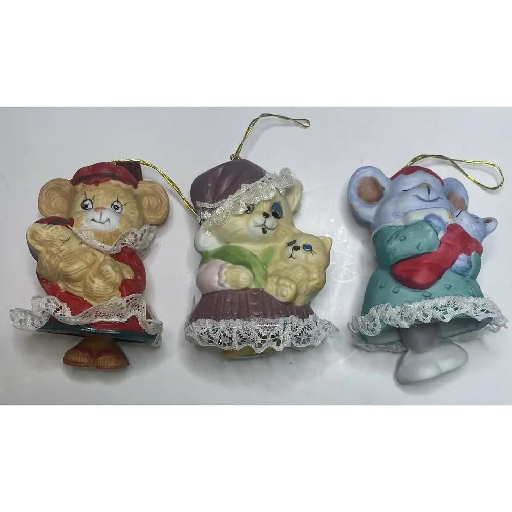 JASCO CARING CRITTER CHIMERS (5) Bisque Porcelain Bell Hand Painted Ornament VTG